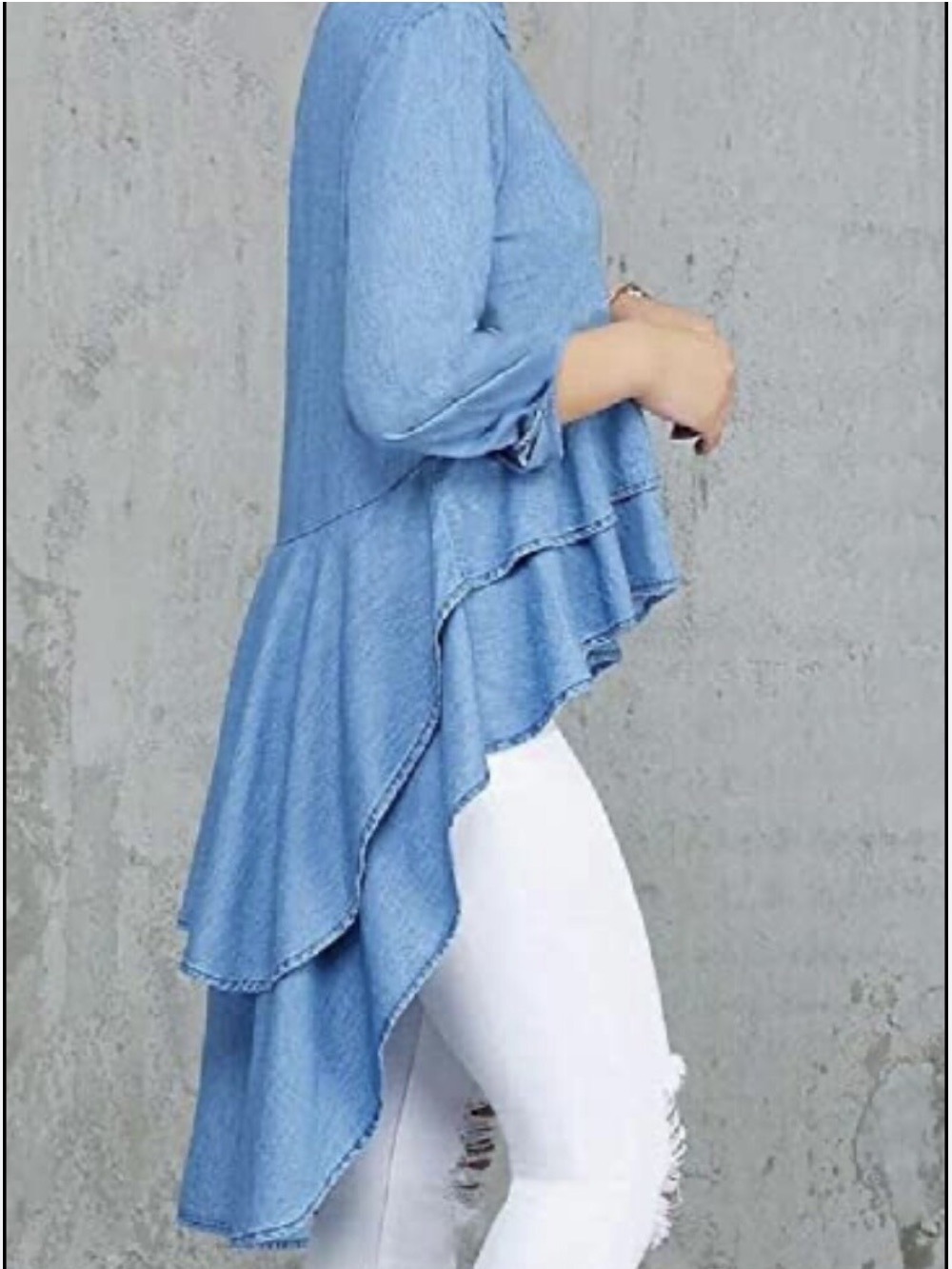 Thrill Light Blue Ruffled Chambray Button-Up Blouse - Picture 4 of 10